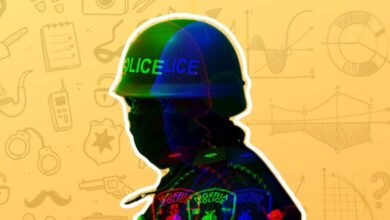 Stylized silhouette of a Nigerian police officer against a background with law enforcement and investigation icons.