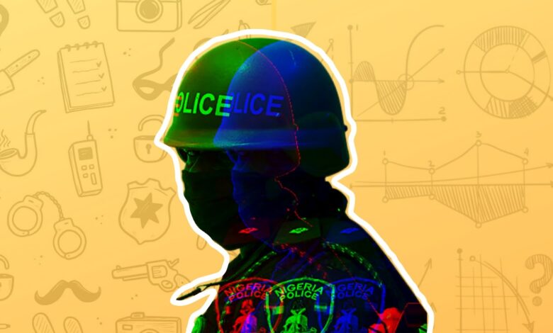 Stylized silhouette of a Nigerian police officer against a background with law enforcement and investigation icons.