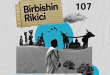 Graphic design for "Birbishin Rikici" Episode 107 featuring various black and white human silhouettes with vehicles, a cow, and birds.