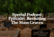 Promotional image for a podcast episode with the title "Special Podcast Episode: Revisiting The Mass Graves" overlaying a cemetery scene.