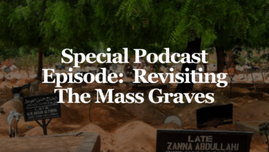 Promotional image for a podcast episode with the title "Special Podcast Episode: Revisiting The Mass Graves" overlaying a cemetery scene.