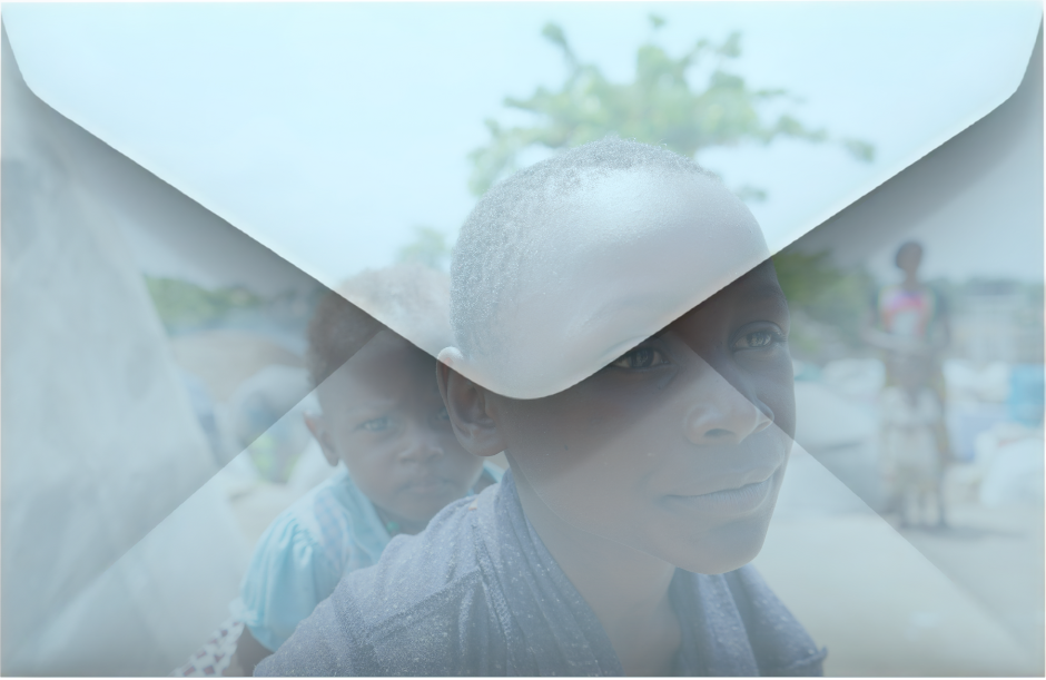 A child's face close-up and a silhouette of another child in the background, set against a blurred outdoor scene.