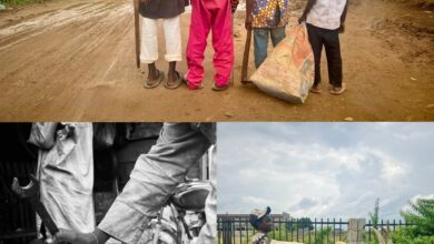 Collage of three images: children on a dirt road, person operating machinery, and a man walking with a goat.