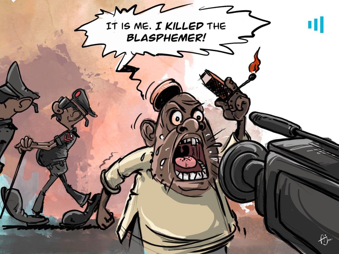 Cartoon of a man shouting "I killed the blasphemer!" while holding a gun, with indifferent looking officers and a microphone in front.