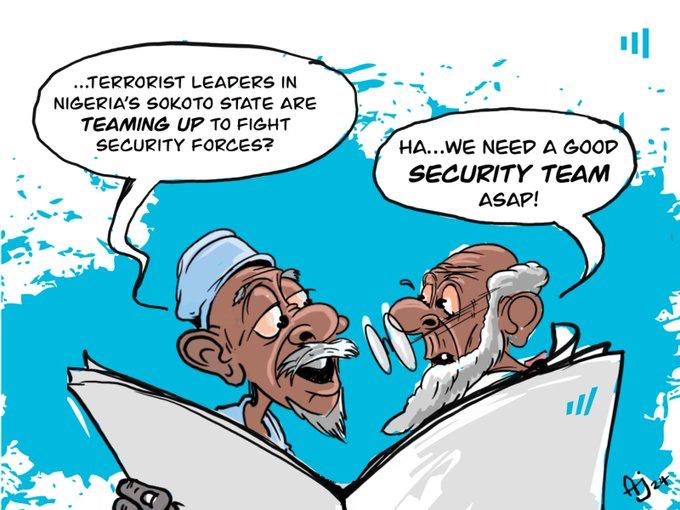 Cartoon of two men reading a newspaper with dialogue about needing a security team due to terrorists in Nigeria.