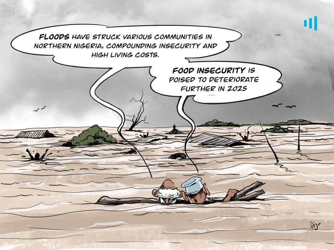 Cartoon depicting floods in Nigeria with text bubbles highlighting insecurities and rising living costs, predicting worse food insecurity by 2025.