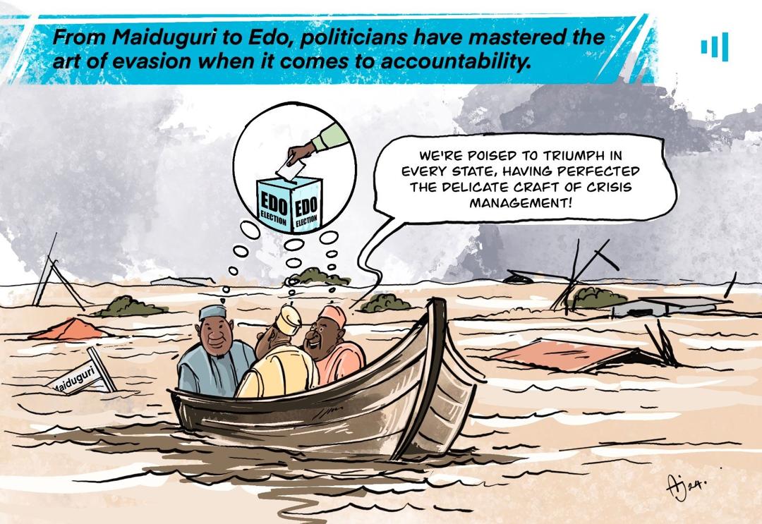 Cartoon of politicians in a boat in a flood, bragging about crisis management near an Edo election ballot box bubble.