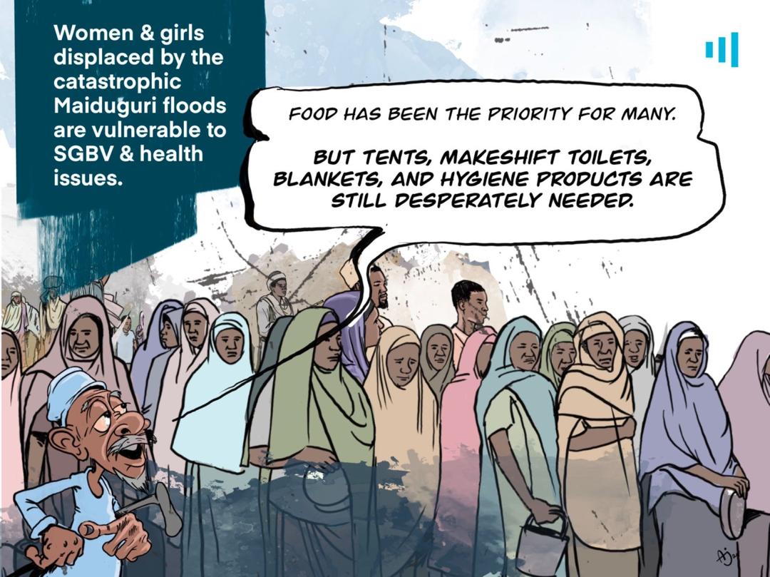 Illustration of people affected by Maiduguri floods with text about their needs for tents, toilets, blankets, and hygiene products.