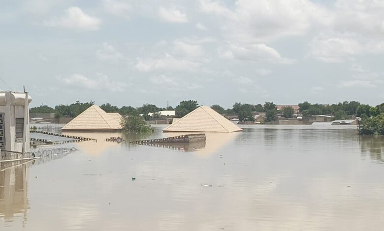 Severe flooding with submerged houses showing only rooftops above water.