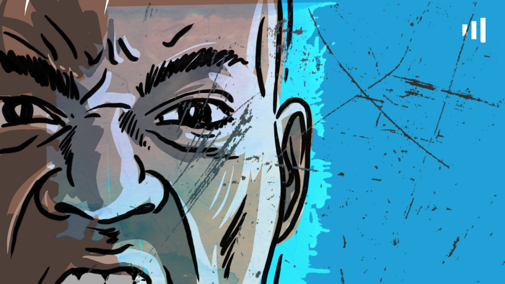 Illustrated close-up of a person's intense gaze with abstract blue background.