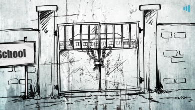 Sketch of a closed and chained gate in front of a school with an overcast sky and a "School" sign on the left.