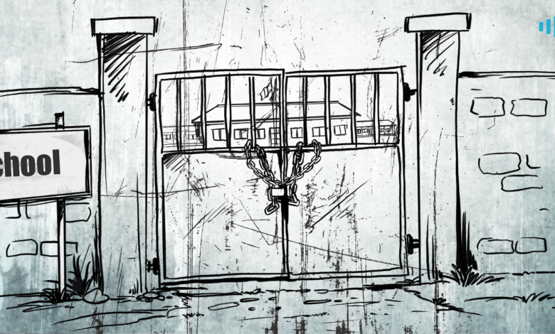 Sketch of a closed and chained gate in front of a school with an overcast sky and a "School" sign on the left.