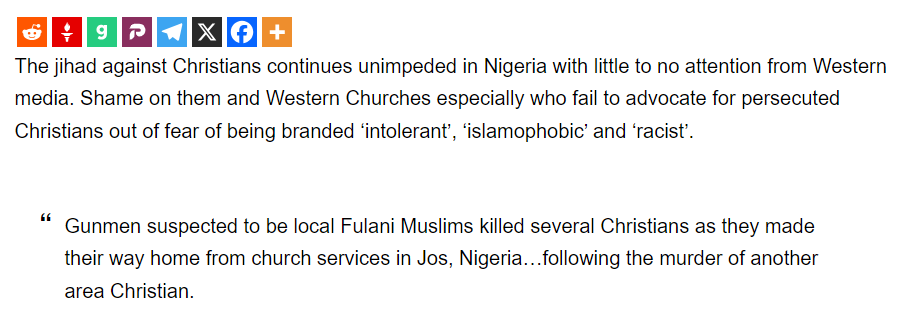 Text discussing violence against Christians in Nigeria and criticizing Western media and churches for their response.