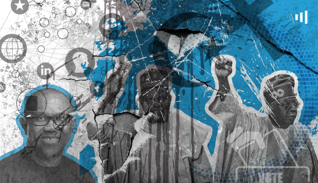 A stylized collage with silhouettes of people and various social and political symbols in blue and gray tones, with a "VOTE" graphic.