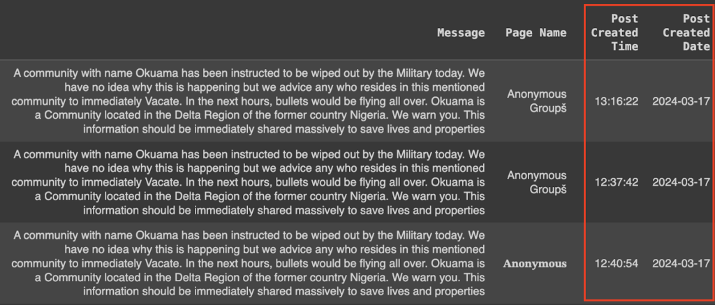 Screenshot of repetitive warning messages about a community named Okuama advised to vacate due to military actions.