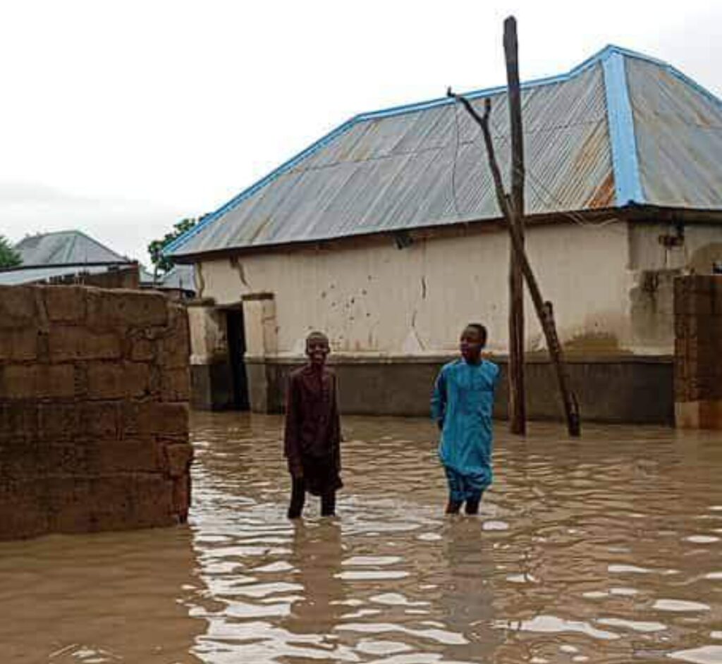 Two people wading through a flooded area with partially submerged buildings.