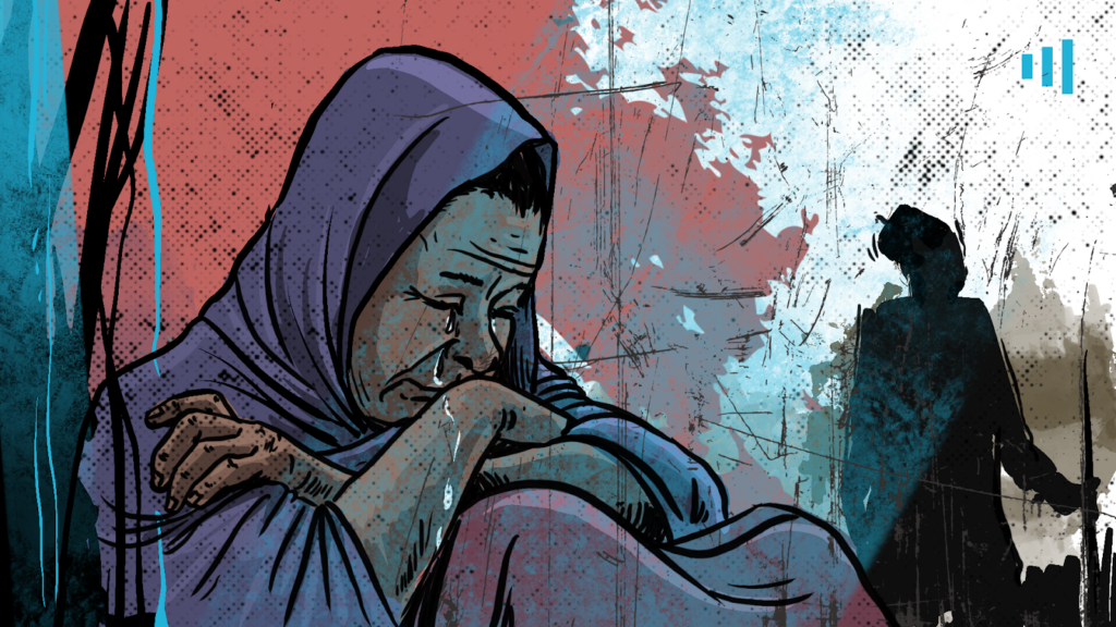 Illustration of a grieving woman in a headscarf with tears on her cheek and a shadowy figure in the background.