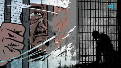 Artistic depiction split between a close-up of a man's eye and a silhouette of a person in a cell, reflecting themes of imprisonment.