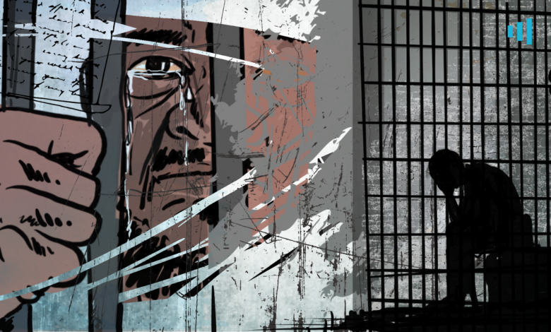 Artistic depiction split between a close-up of a man's eye and a silhouette of a person in a cell, reflecting themes of imprisonment.