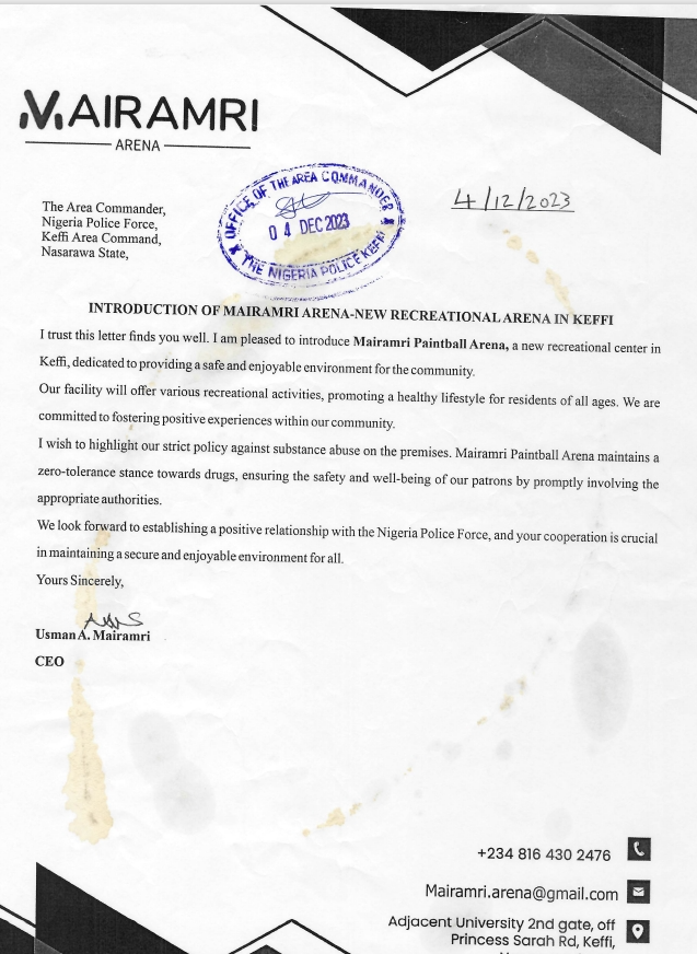 Document with a letterhead introducing Mairamri Arena, stamps from Nigerian Police, and a CEO's signature.