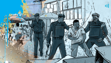 Illustration of two police officers detaining a man against a backdrop of a busy street scene.