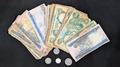 Assorted Nigerian naira banknotes and coins spread out on a dark surface.