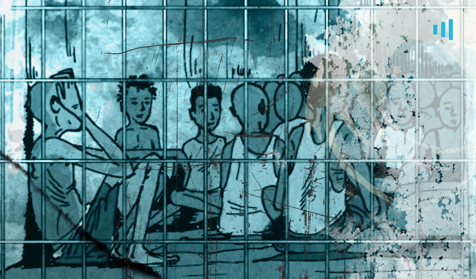 A stylized, distressed artwork of figures behind bars with a blue overlay.