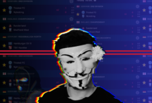 Person wearing a Guy Fawkes mask with a glitch effect and football match scores in the background.