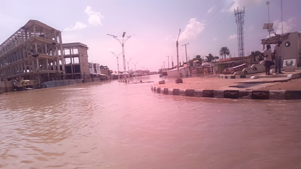 A flooded street with submerged cars and people standing near a partially constructed building, under a hazy pink sky.