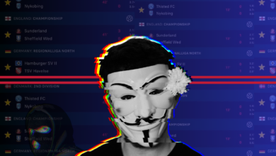 Person wearing a Guy Fawkes mask with a glitch effect and football match scores in the background.