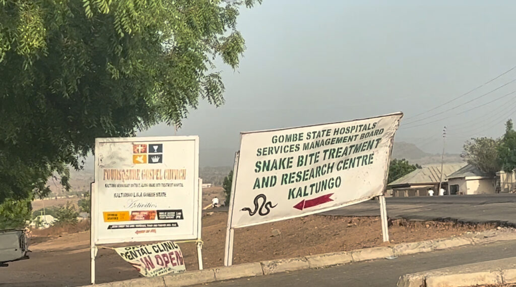 Billboards for a Gospel Church and a Snake Bite Treatment Center on a roadside with a faint mountain backdrop.