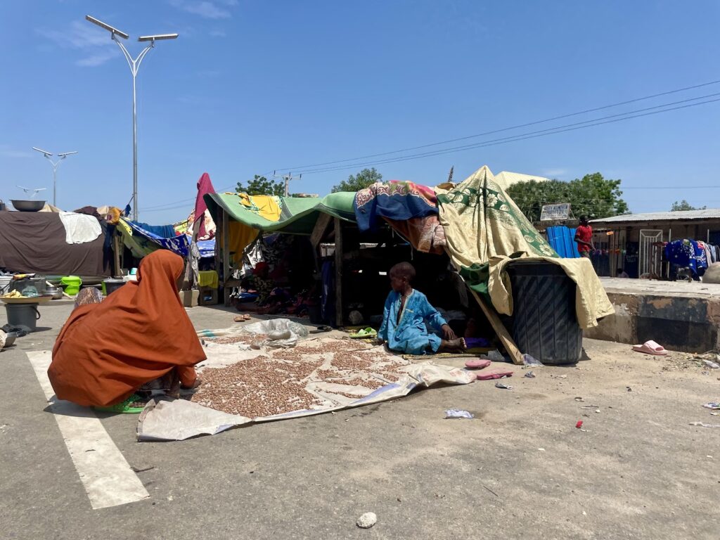 A woman sits by a spread of grains on a mat in a makeshift market under a bright sky.