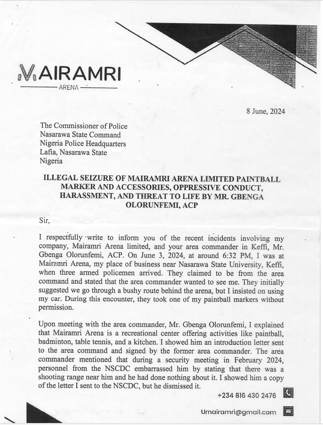 Black and white image of a letter addressing illegal seizure, harassment, and threats associated with Mairamri Arena Limited.