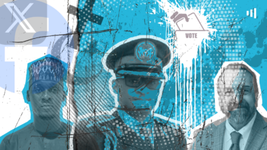 Illustrative collage of two men, one in military uniform and one in a suit, with vote symbols and abstract grunge elements.