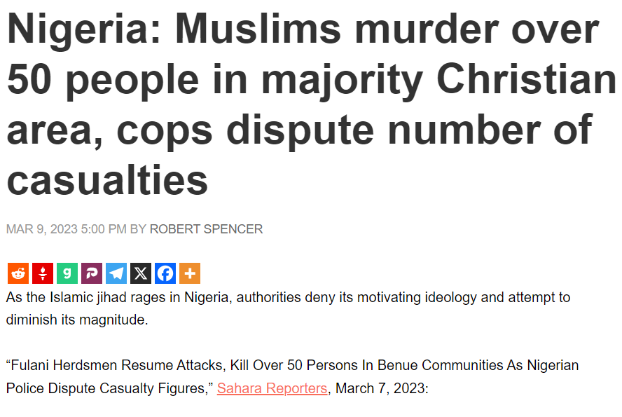 Text headline about conflict in Nigeria with disputed casualty numbers, date, author's name, and social icons.