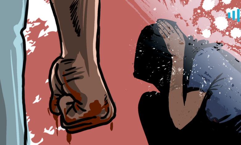 Illustration of a clenched fist covered in blood with a distressed person cowering in the background.