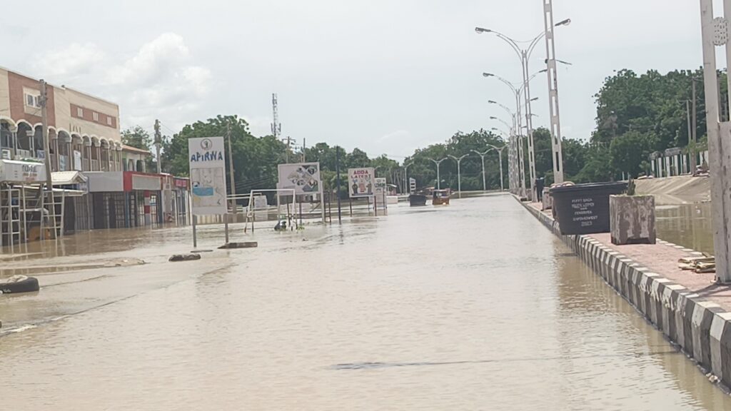 Street flooded with water, cars partially submerged, and businesses closed.