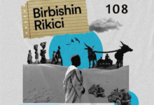 Graphic for "Birbishin Rikici" Episode 108 with a collage of people, cattle, birds, armored vehicles, and "HumAngle" logo.