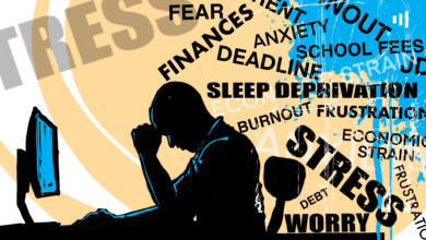 Silhouette of a person at a computer, surrounded by words like stress, anxiety, and burnout.