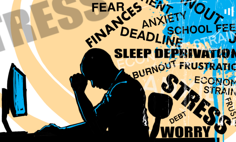 Silhouette of a person at a computer, surrounded by words like stress, anxiety, and burnout.