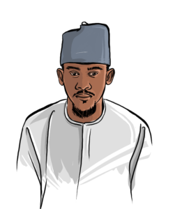 Illustration of a man with a beard wearing a cap and a white shirt.