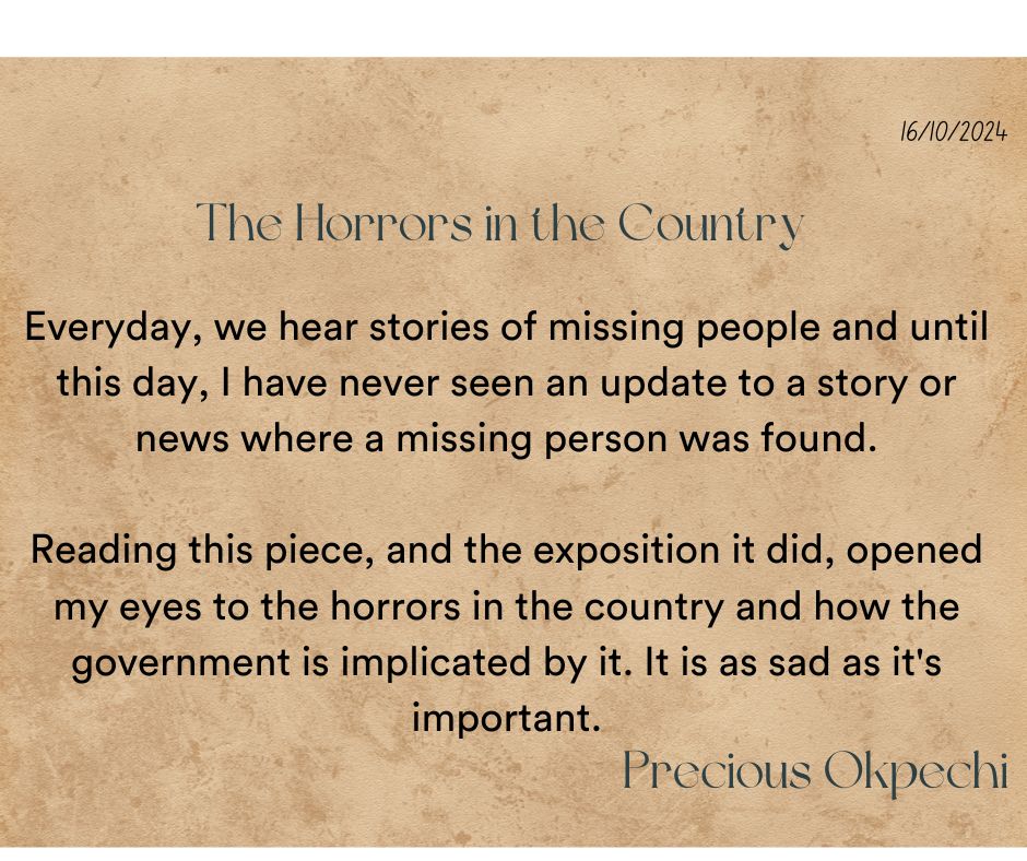 A textual excerpt titled "The Horrors in the Country" addressing missing people and government implications on an aged paper background.