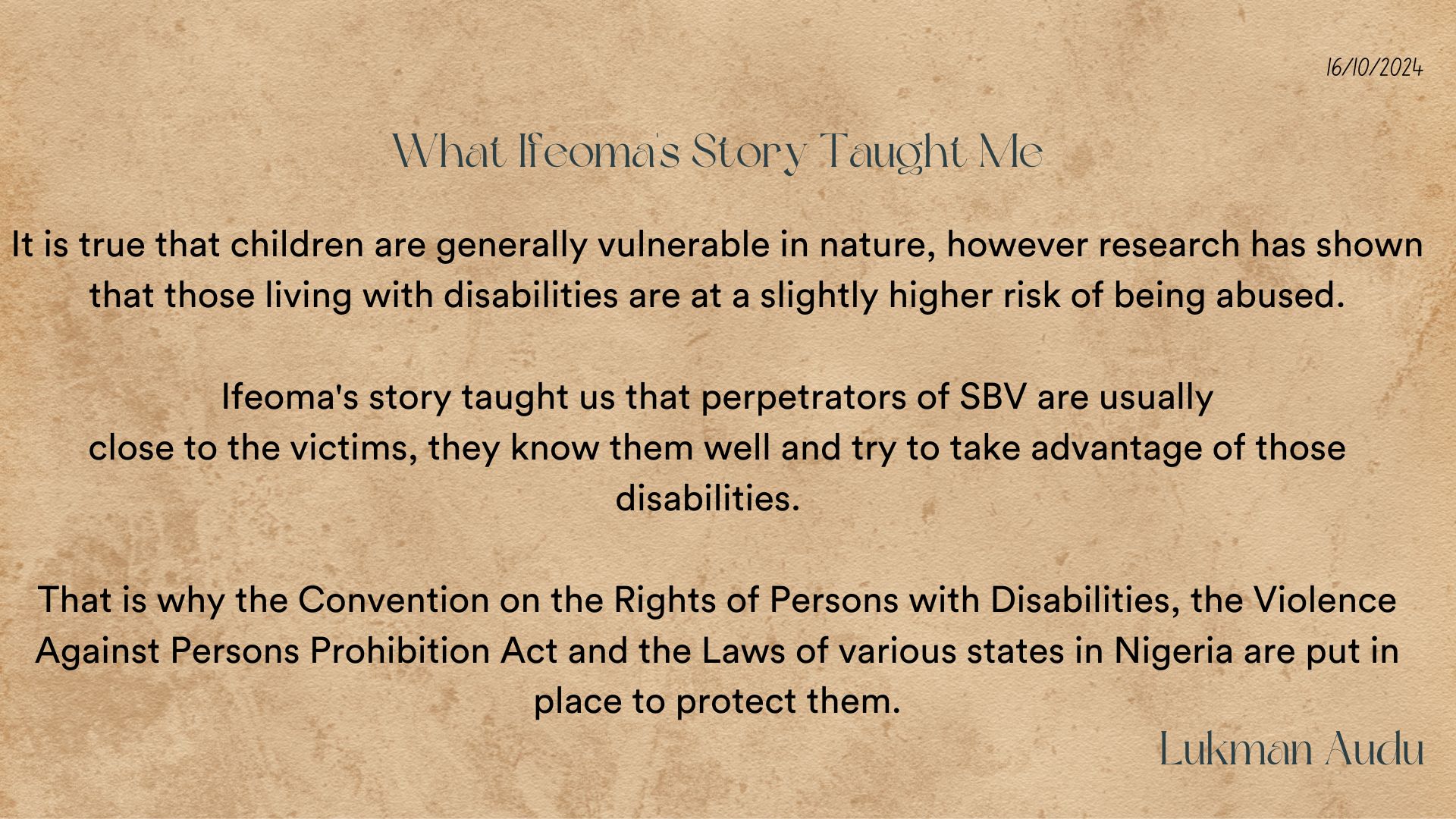 Old paper texture background with text discussing vulnerabilities of children with disabilities and the importance of protective laws.