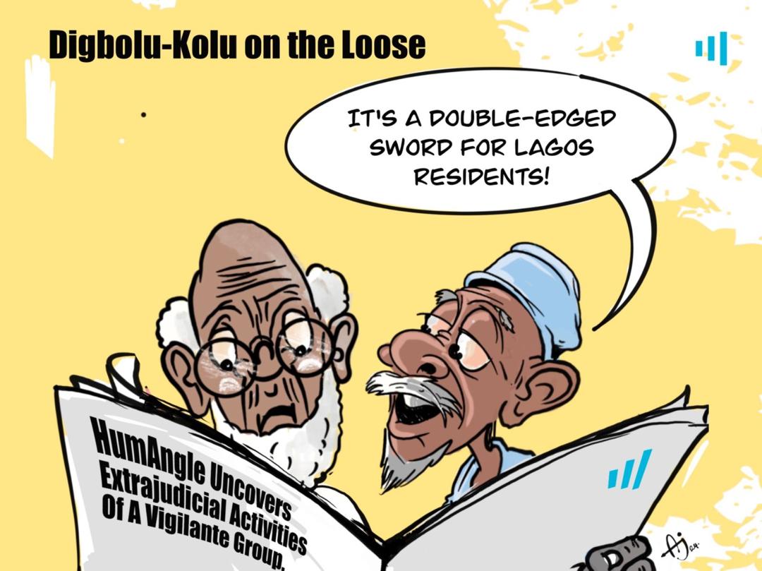 Cartoon of two men discussing a newspaper headline about vigilante activities in Lagos, expressing concern.