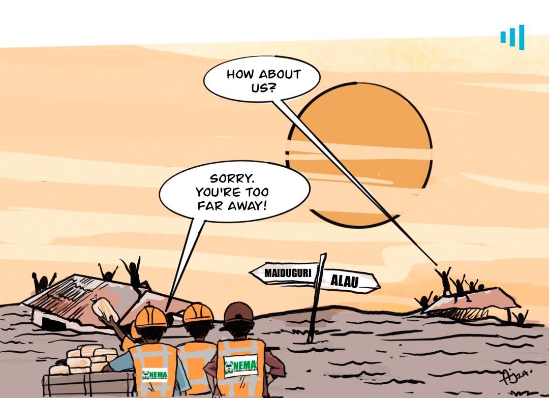 Comic strip with people on a sinking boat asking for help, and rescuers with "NEMA" vests saying they're too far away.