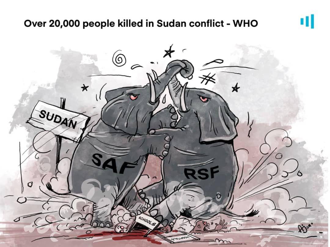 A political cartoon depicting two elephants labeled ‘SAF’ and ‘RSF’ fighting, causing destruction in Sudan, with a headline about casualties.