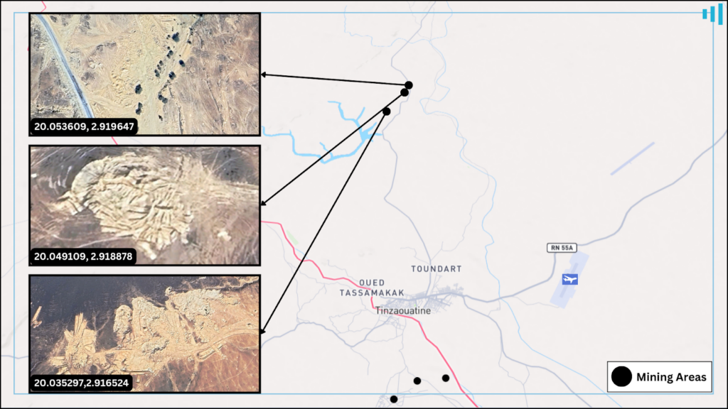 Map with satellite images marking mining areas near Tinzaouatine, with location coordinates displayed.