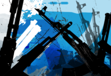 Abstract art of silhouetted rifles overlaid with splashes of blue and black paint.