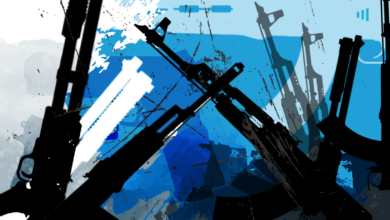 Abstract art of silhouetted rifles overlaid with splashes of blue and black paint.