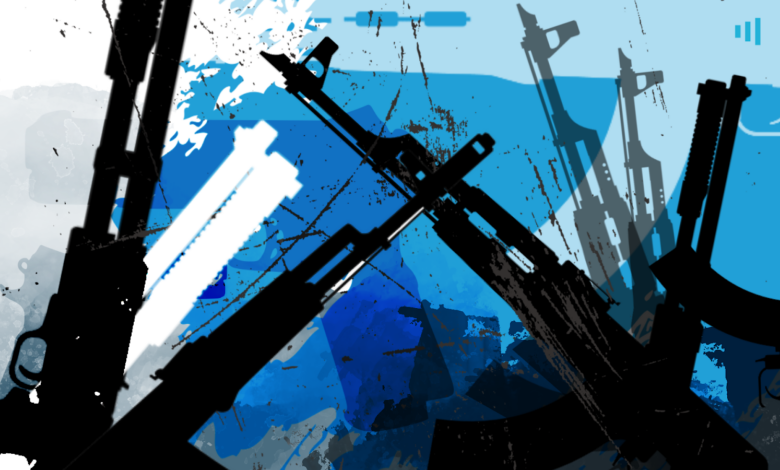 Abstract art of silhouetted rifles overlaid with splashes of blue and black paint.